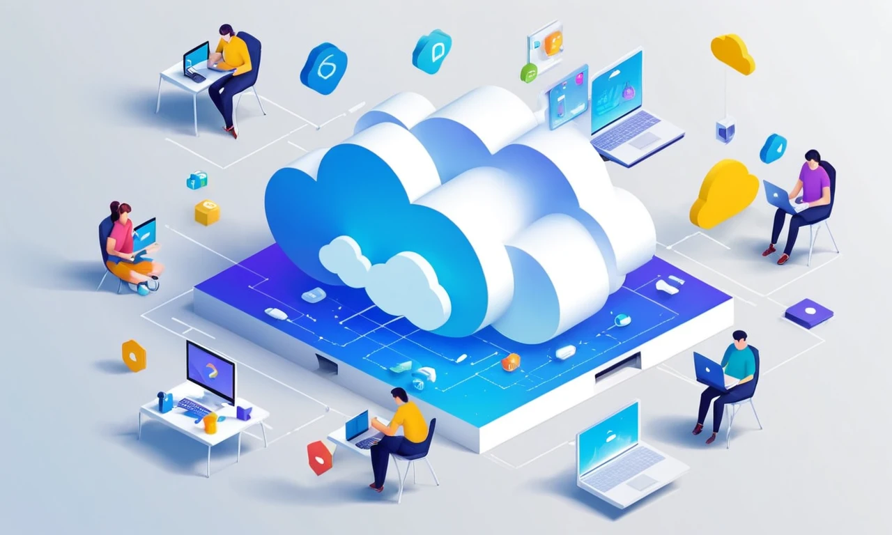 Desarrolladores basados en la nube que trabajan en un proyecto con varias herramientas e iconos flotando alrededor.