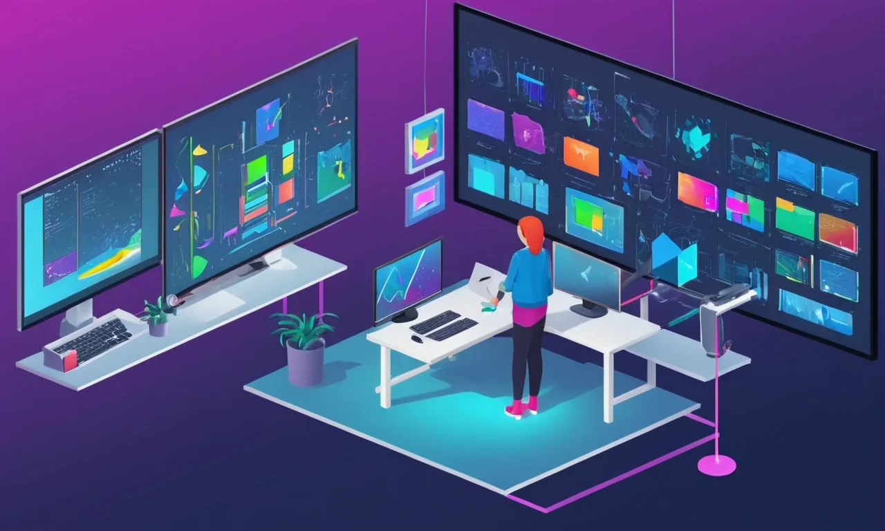 Un diseñador que trabaja en un ordenador con varios software de diseño y herramientas abiertas en la pantalla.