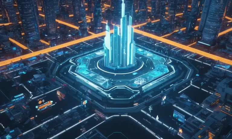 Un futurista paisaje urbano con avatares en pantallas gigantes