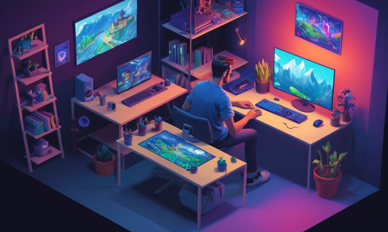 Un diseñador que trabaja en una computadora con software de desarrollo del juego y arte conceptual en el fondo.