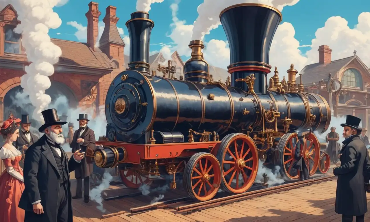 Las figuras históricas del atuendo de la era victoriana se encuentran en medio de maquinaria a vapor y mecanismos de relojería.