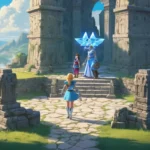 Una joven princesa usando la Triforce de la Sabiduría de pie orgullosamente junto a dos héroes