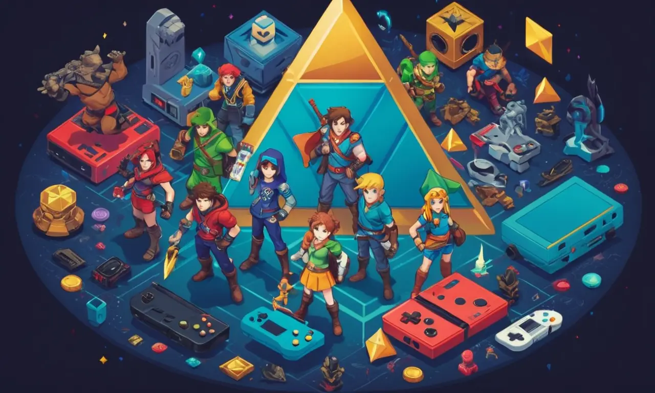 Un grupo de héroes parados juntos, sosteniendo la Triforce, rodeado de consolas de juego nostálgico y accesorios.