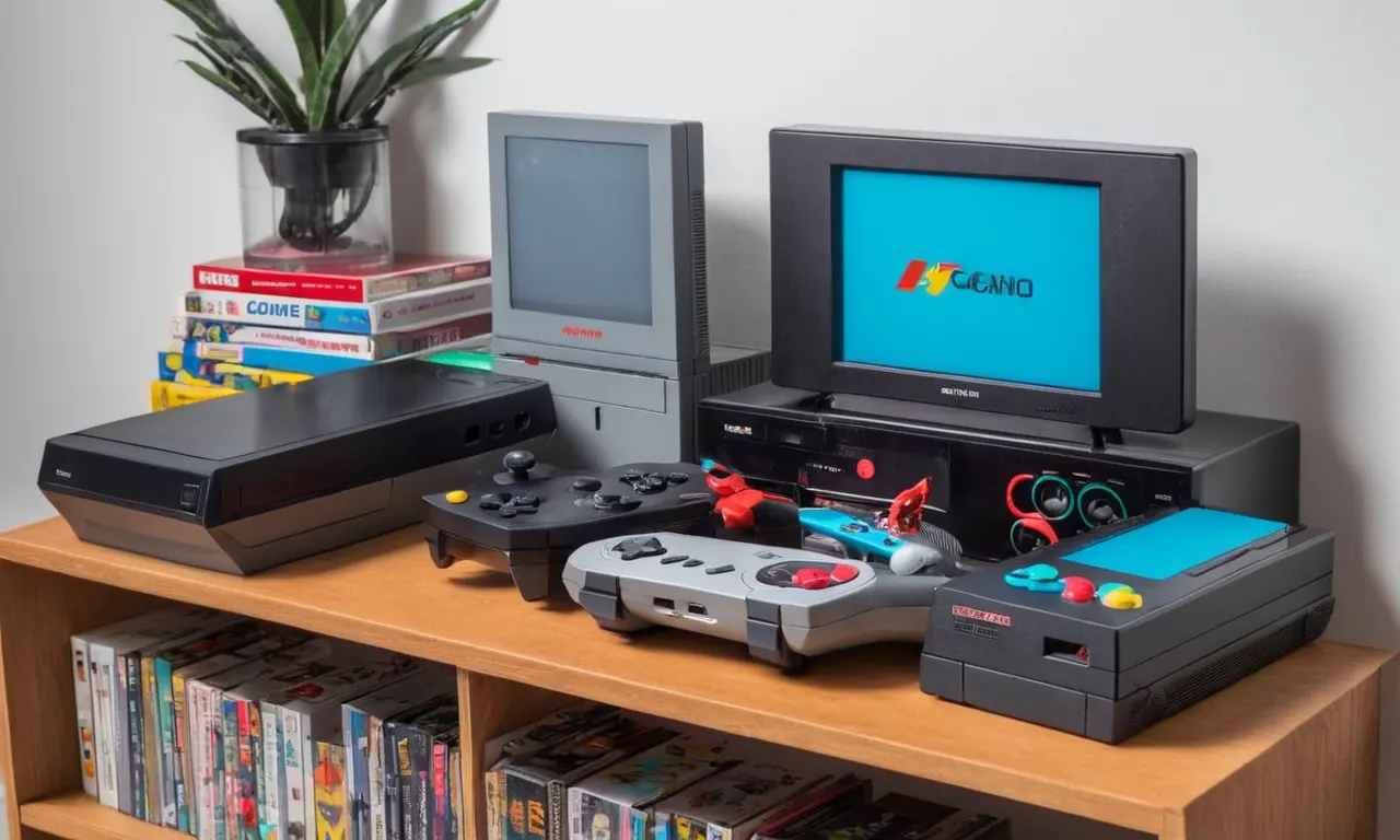 Una colección de viejas consolas de juego en un estante