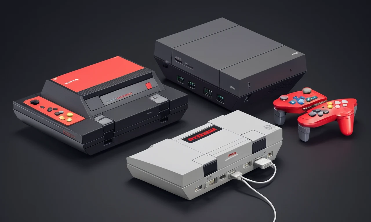 Imágenes históricas que comparan las consolas de juego icónicas de Sega y Nintendo.