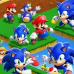 Una imagen de pantalla dividida con personajes icónicos y logotipos de Sega (Sonic the Hedgehog) y Nintendo (Mario)