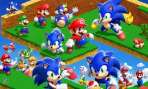 Una imagen de pantalla dividida con personajes icónicos y logotipos de Sega (Sonic the Hedgehog) y Nintendo (Mario)