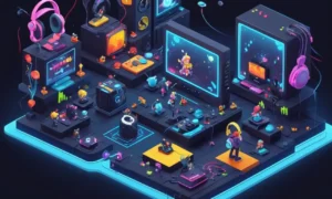 Clásicos personajes de videojuegos rodeados de auriculares y ondas de sonido.