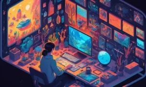 Artista creando narrativa visual con gráficos en pantalla de ordenador.