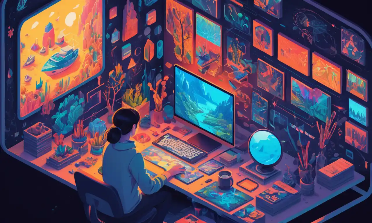 Artista creando narrativa visual con gráficos en pantalla de ordenador.