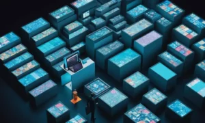 Archiviste holding una tableta en medio de pilas de objetos físicos