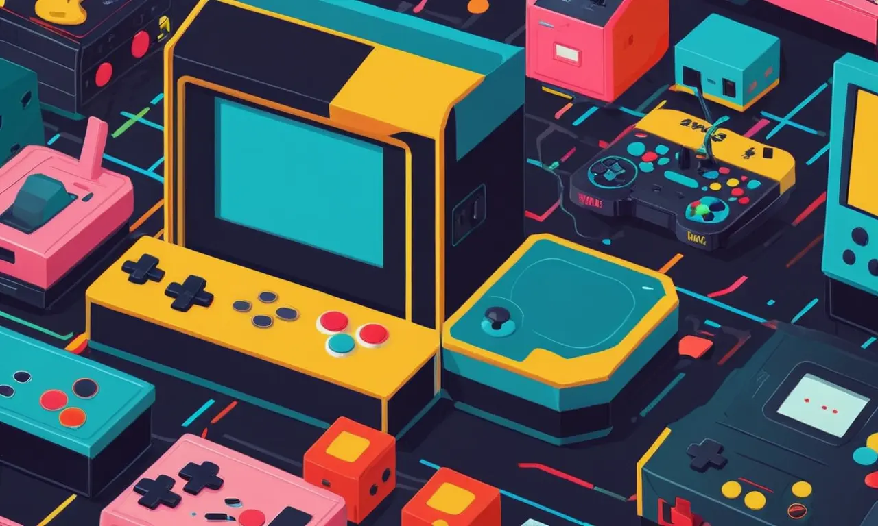 Una consola de arcade retro junto a modernos dispositivos de juego, rodeado de cajas de juego nostálgicas.