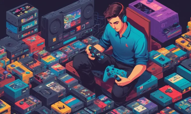 Un jugador que sostiene un controlador junto a una consola retro rodeada de cartuchos de juego internacionales.