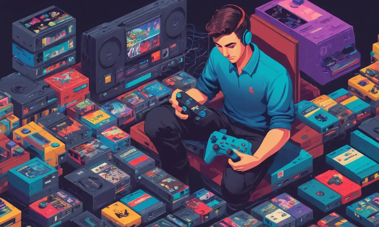 Un jugador que sostiene un controlador junto a una consola retro rodeada de cartuchos de juego internacionales.