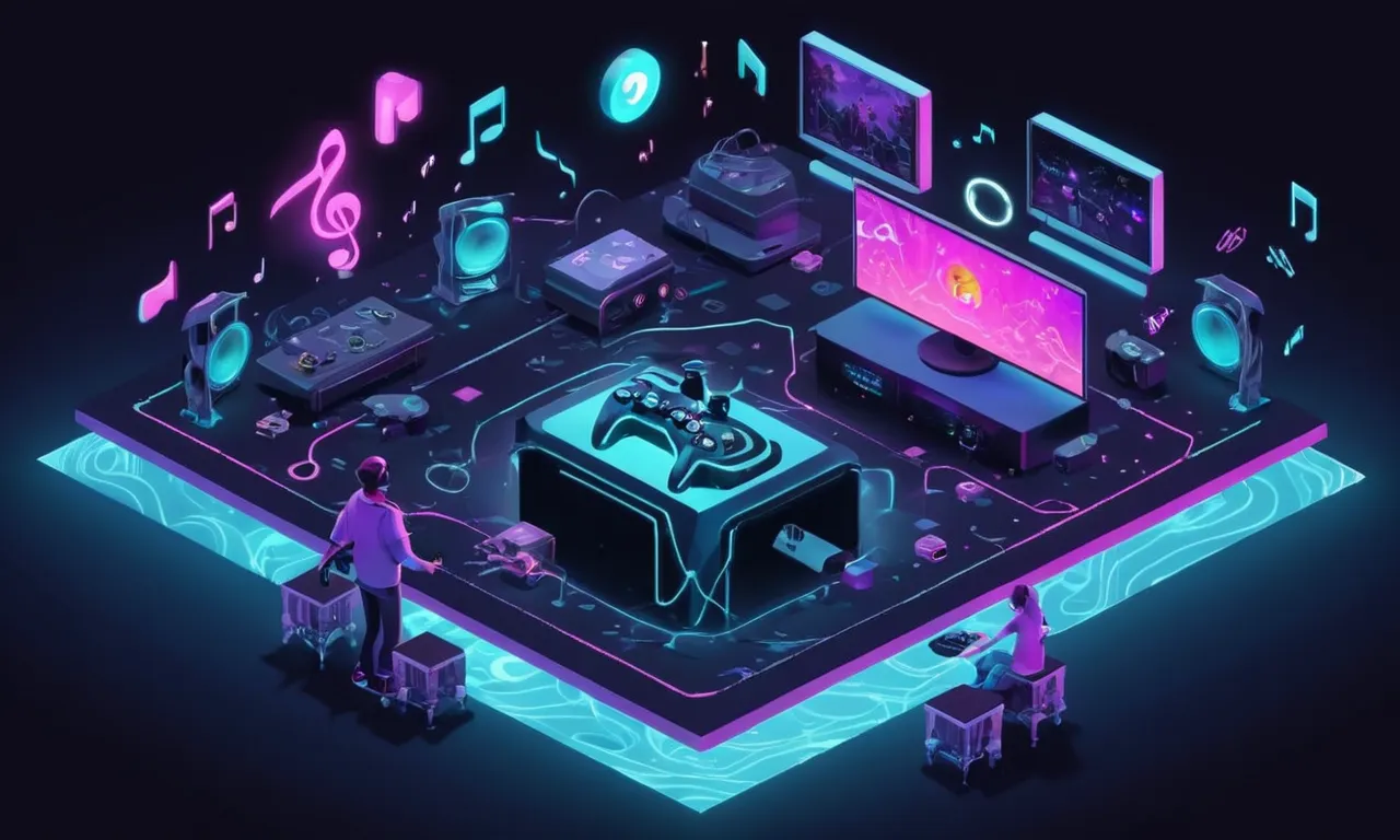 Un jugador jugando un juego inmersivo con un controlador rodeado de ondas de sonido y notas de música.