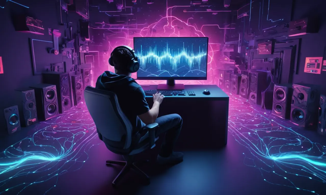 Un jugador inmerso en un mundo virtual con un gráfico de onda sonora en el fondo que representa la importancia del audio.