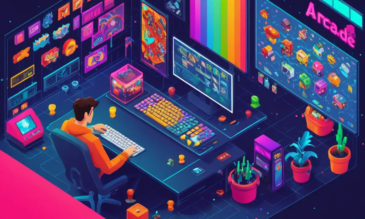 Diseñador gráfico analizando datos en una pantalla de computadora rodeada de elementos de juego arcade.