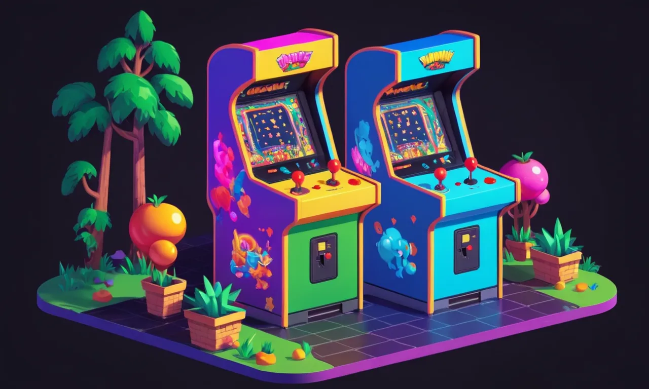Una máquina de arcade retro con gráficos vibrantes y personajes coloridos.