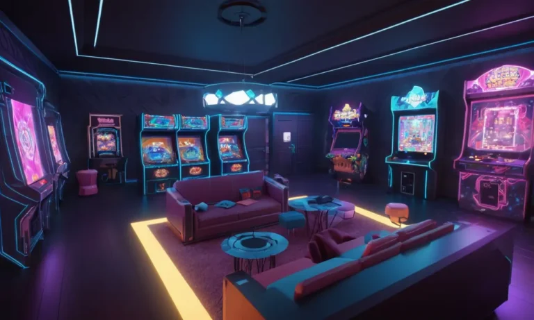 Una sala de juegos arcade bien diseñada con asientos cómodos y decoración futurista.