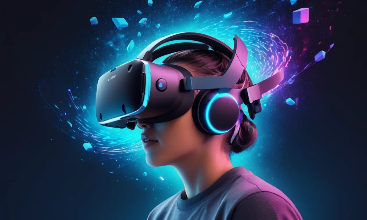 Una persona que lleva un auricular VR con sonidos y gráficos a su alrededor.