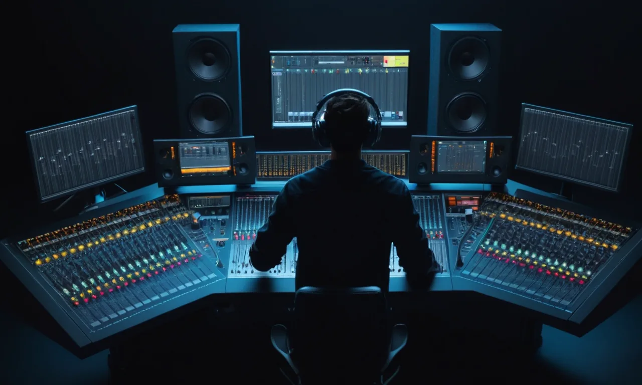 Ingeniero de sonido trabajando en la mezcla de consola con auriculares y equipo de sonido envolvente.