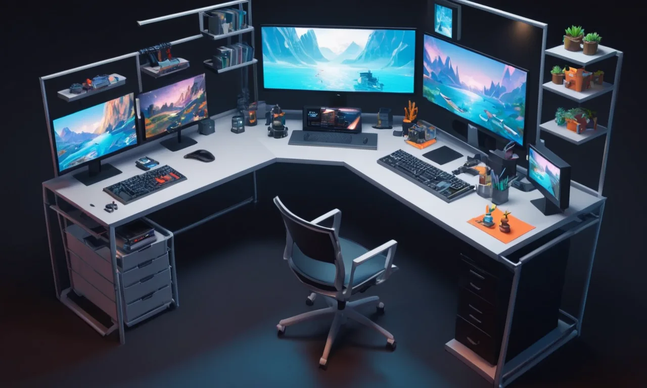 Una estación de trabajo de artistas con diversas herramientas de desarrollo del juego y arte conceptual en pantallas.