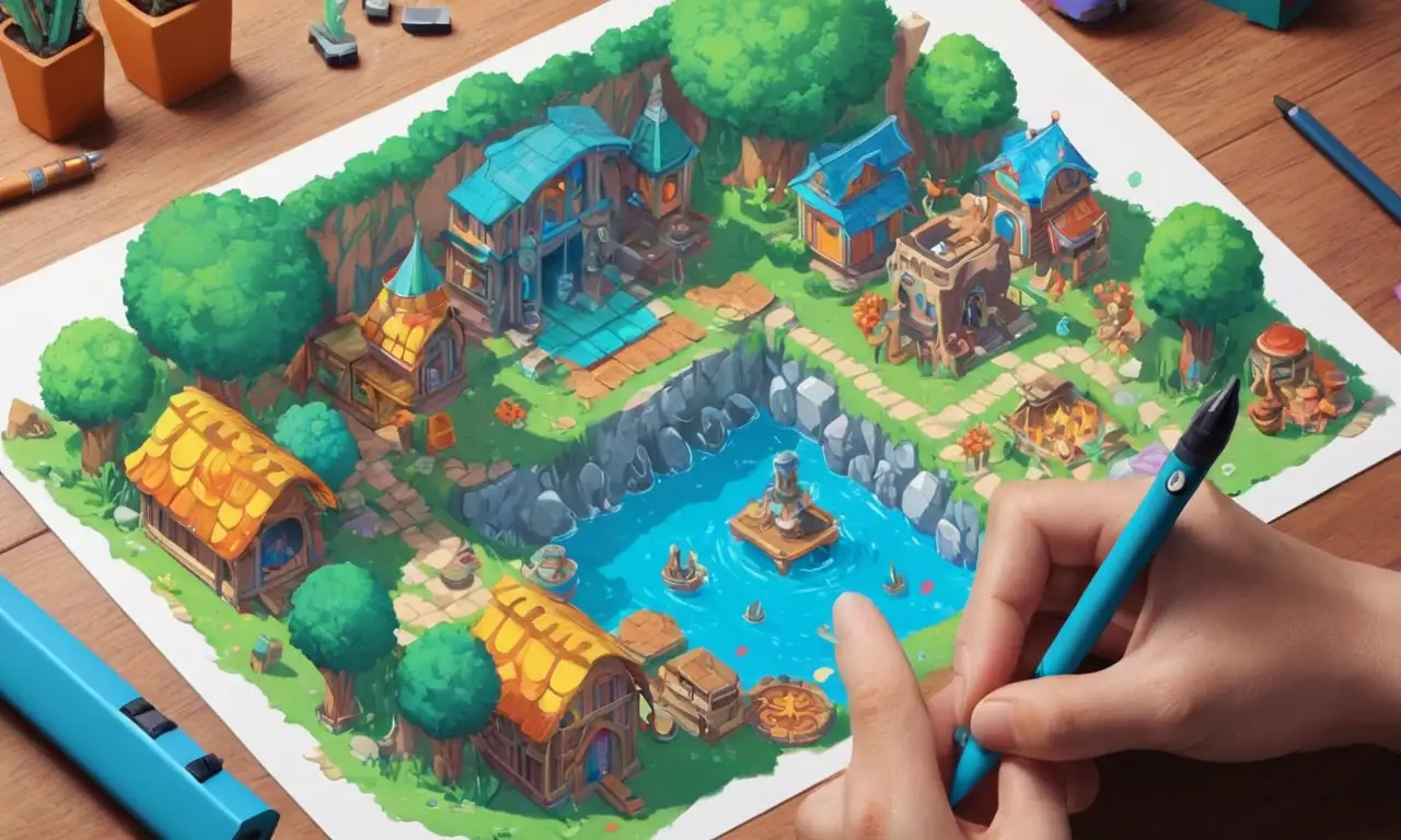 Un artista sostiene un estilo y rodeado de arte de concepto de juego.