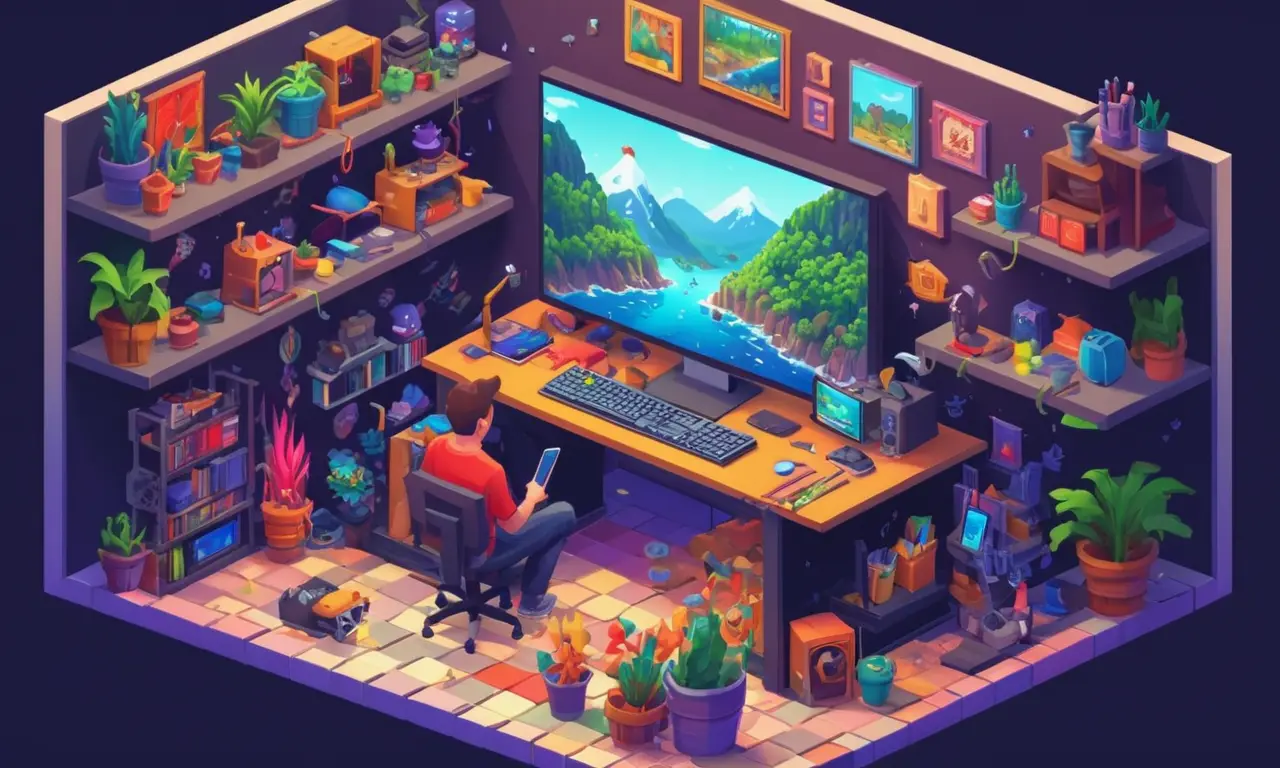 Artista creando arte pixel en una pantalla de ordenador rodeada de herramientas de desarrollo del juego.