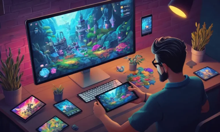 Un artista que trabaja en un arte de concepto de diseño de juego con una tableta digital y múltiples pantallas que muestran elementos de juego.