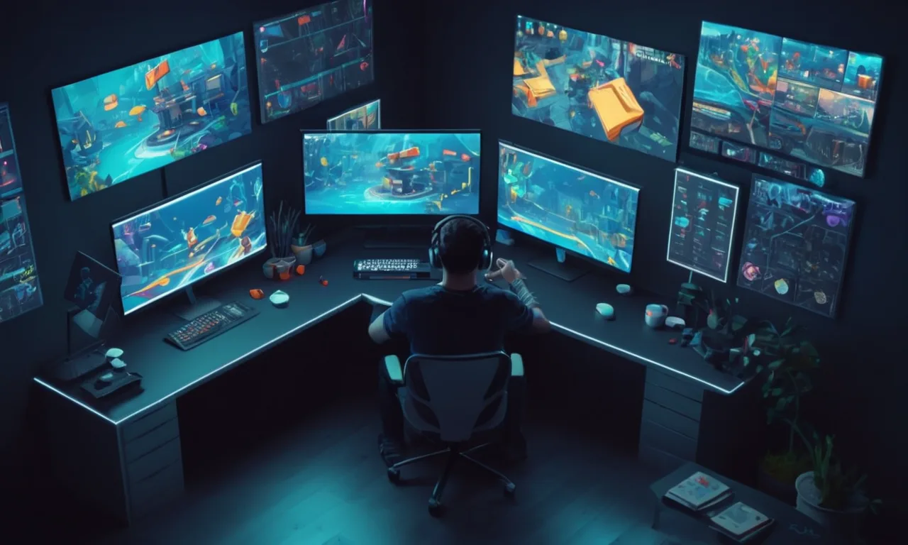 Un diseñador gráfico que trabaja en un arte de concepto de videojuegos, rodeado de pantallas y notas.