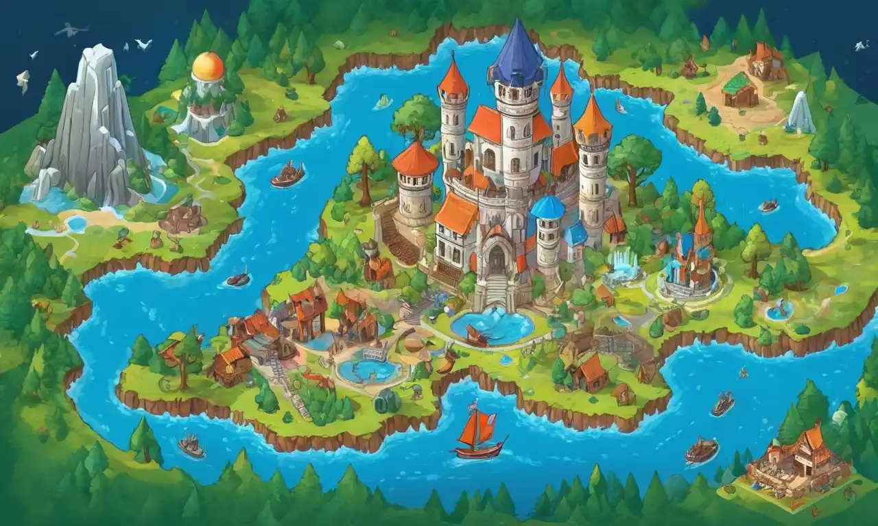 Un artista trabajando en un mapa mundial de fantasía con ilustraciones coloridas y elementos de diseño.