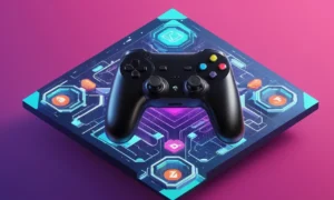 Un controlador de juego rodeado de elementos de diseño gráfico y una pantalla de videojuegos mostrando una experiencia visual inmersiva.