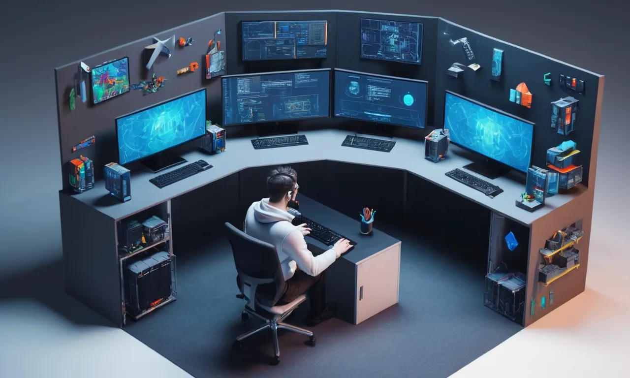 Un diseñador de juegos que sostiene un controlador junto a una burla de un videojuego en una pantalla o pizarra blanca.