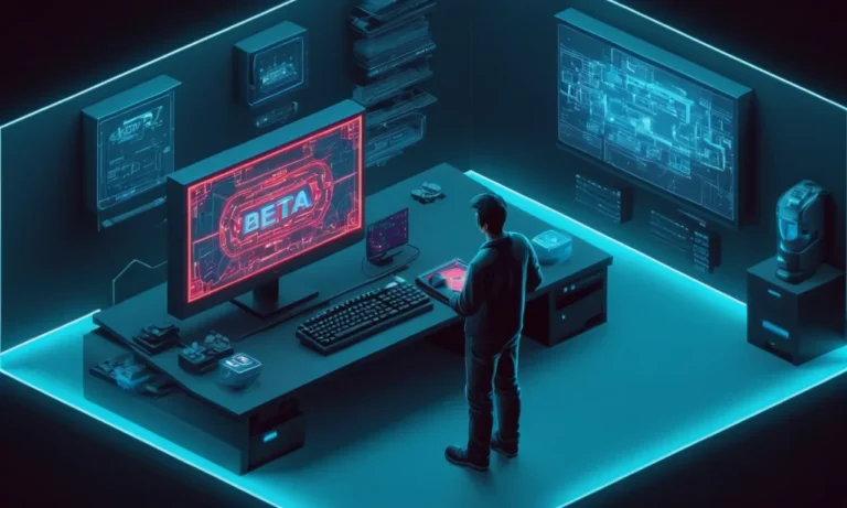 Un jugador que examina un mensaje oculto en una pantalla de computadora de una versión beta juego.
