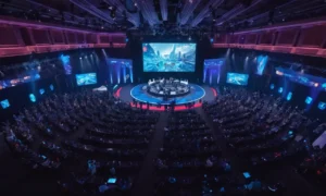 Una sala de conferencias llena de jugadores y profesionales de la industria discutiendo nuevas tendencias.