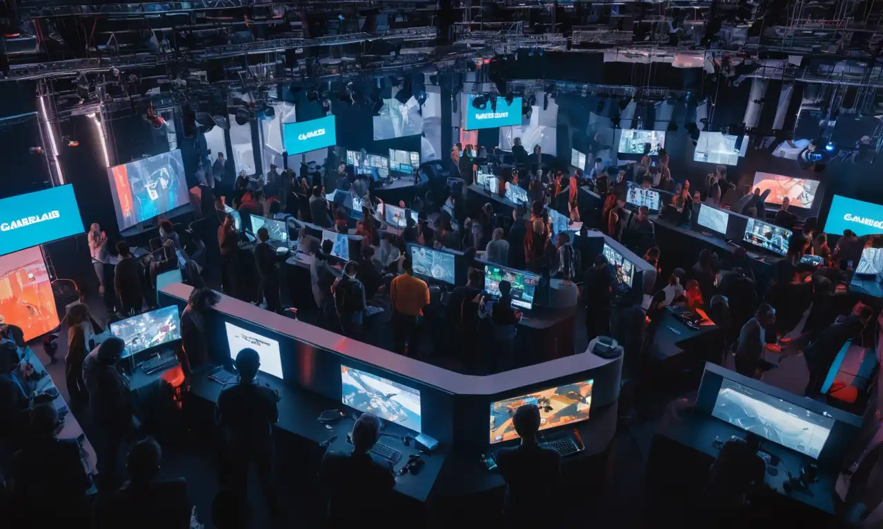 Profesionales de la industria se reunieron en el evento Gamelab, rodeado de pantallas y gráficos, discutiendo ideas innovadoras.