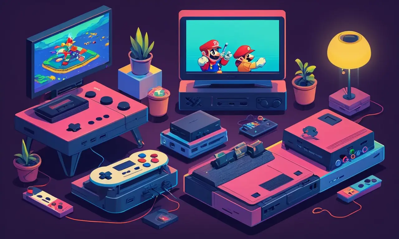 Un grupo de jugadores de consola retro se reunieron alrededor de consolas clásicas, con un resplandor nostálgico.
