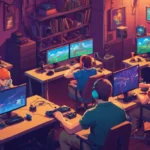 Un grupo de jugadores pioneros sentados en ordenadores con controladores de consola clásico y juegos antiguos en el fondo.