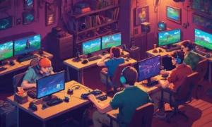 Un grupo de jugadores pioneros sentados en ordenadores con controladores de consola clásico y juegos antiguos en el fondo.