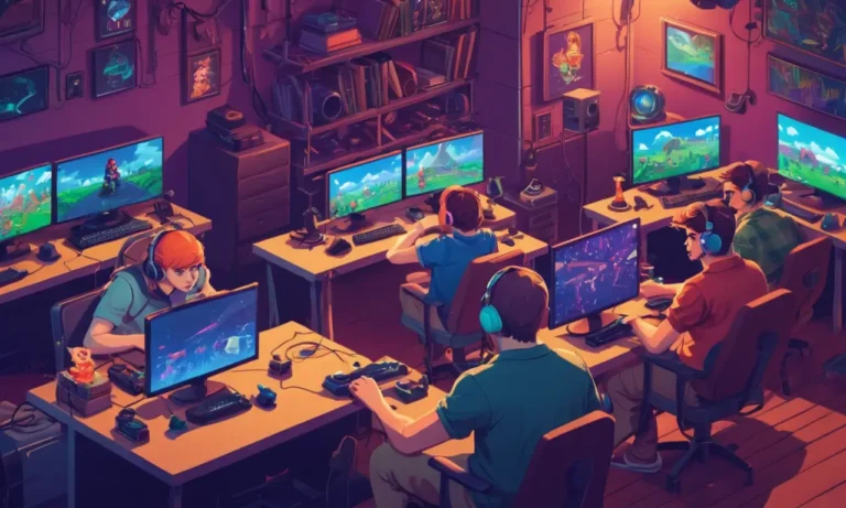 Un grupo de jugadores pioneros sentados en ordenadores con controladores de consola clásico y juegos antiguos en el fondo.