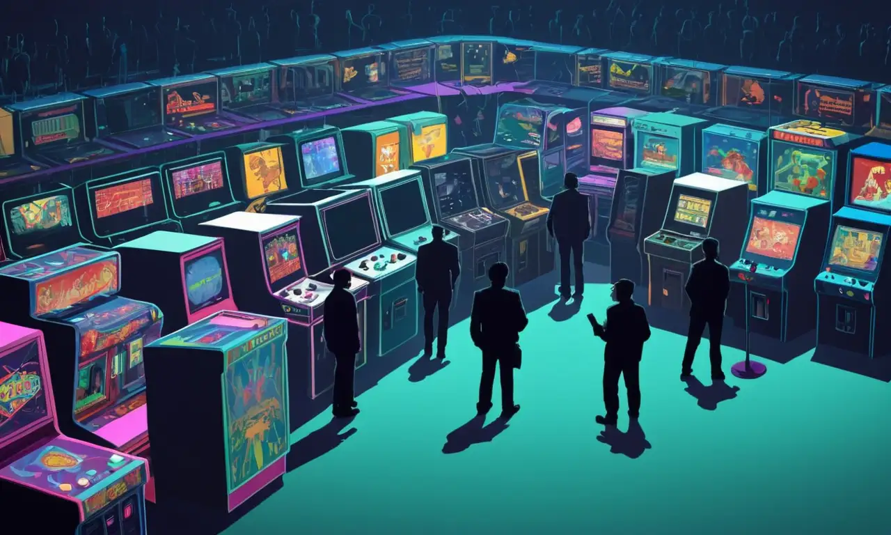 Hombres mayores sentados frente a consolas de juego tempranas y computadoras.