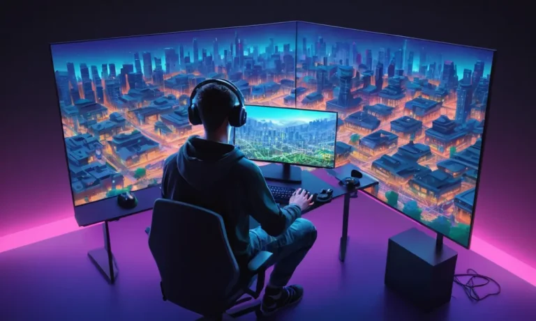 Un jugador sentado frente a un paisaje urbano virtual en una pantalla de computadora.