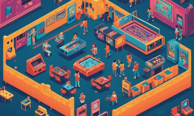 Una escena de arcade nostálgica con juegos clásicos y jugadores reunidos alrededor.