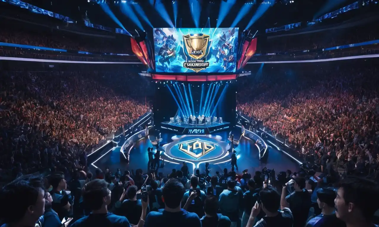 Un grupo de reconocidos jugadores profesionales que tienen un trofeo de campeonato frente a una pantalla de juego de LoL.