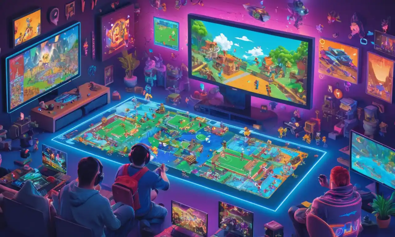 Un montaje de icónicos jugadores de diferentes géneros y épocas, con pantallas que muestran varios juegos en el fondo.