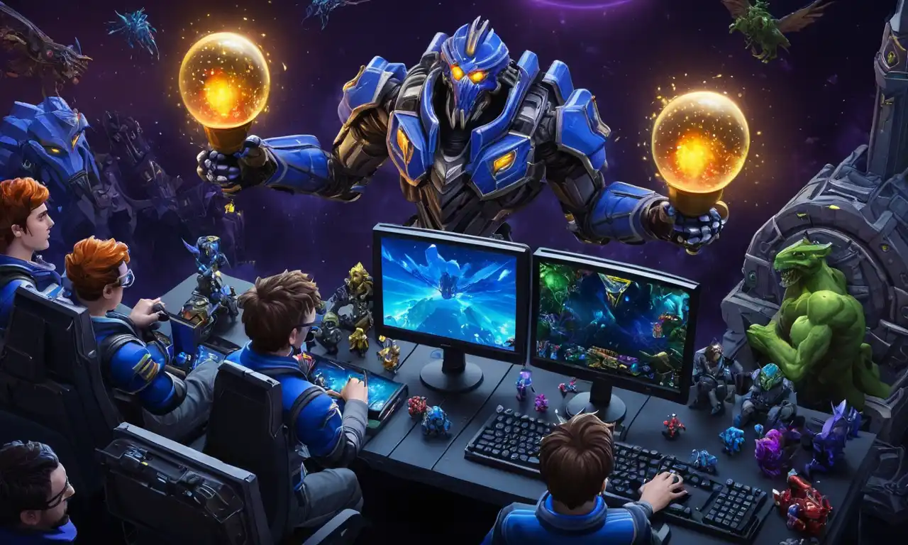 Un grupo de jugadores profesionales se reunieron alrededor de una pantalla de ordenador jugando StarCraft, con un fondo de trofeos y accolades.