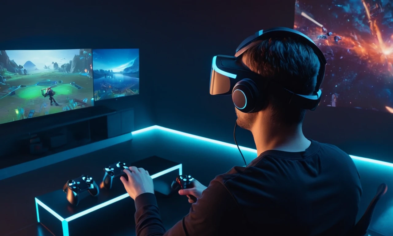 Un jugador completamente inmerso en un ambiente de juego de realidad virtual con un auricular y controladores.