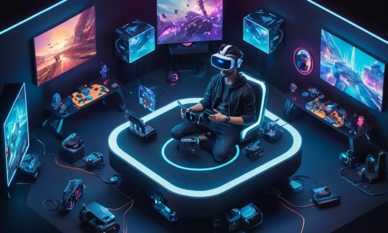 Un jugador con gafas VR rodeado de dispositivos de juego futuristas.