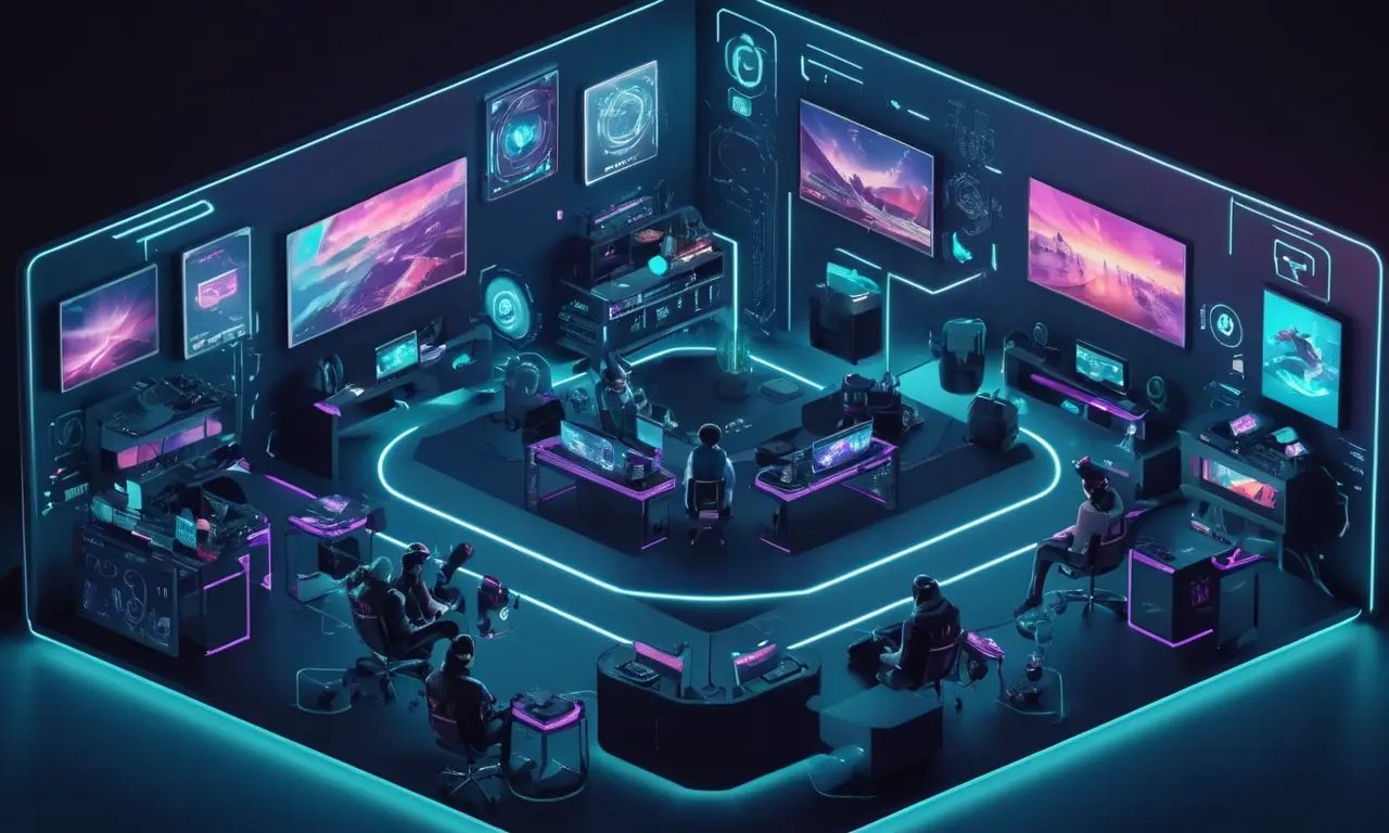 Una configuración futurista de juegos con auriculares y controladores de realidad virtual rodeados de fragmentos de código.