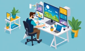 Las manos de un artista sostienen una tableta mostrando diseños de caracteres futuristas con colores vibrantes y efectos digitales.